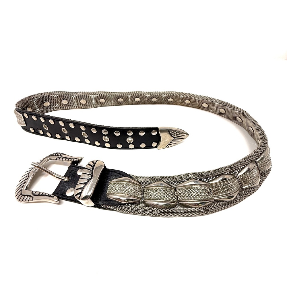 Studded Black Leather and Silver Chain Women’s Belt